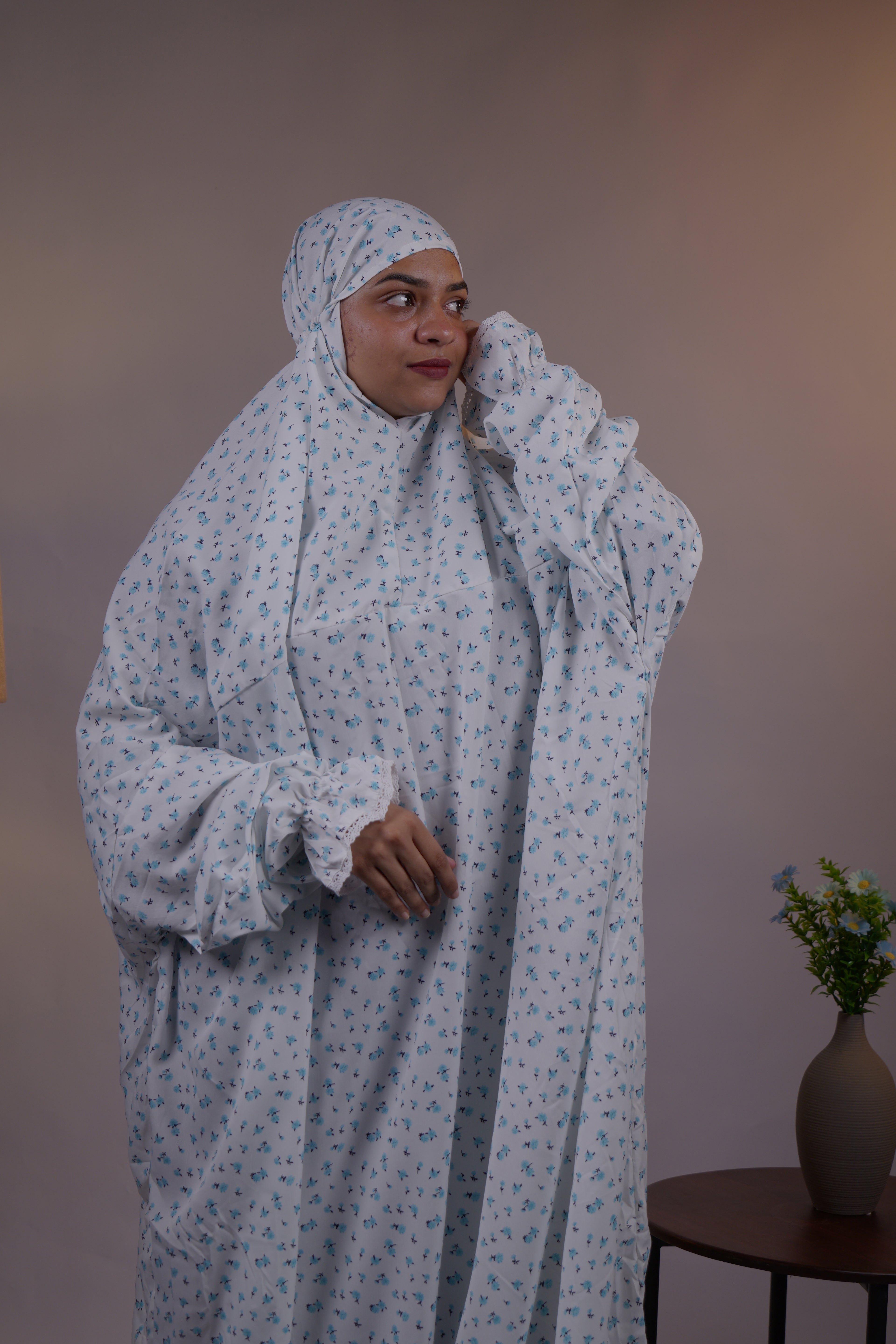 Ainaura | Premium Crepe White with Greenish Floral Prayer Dress