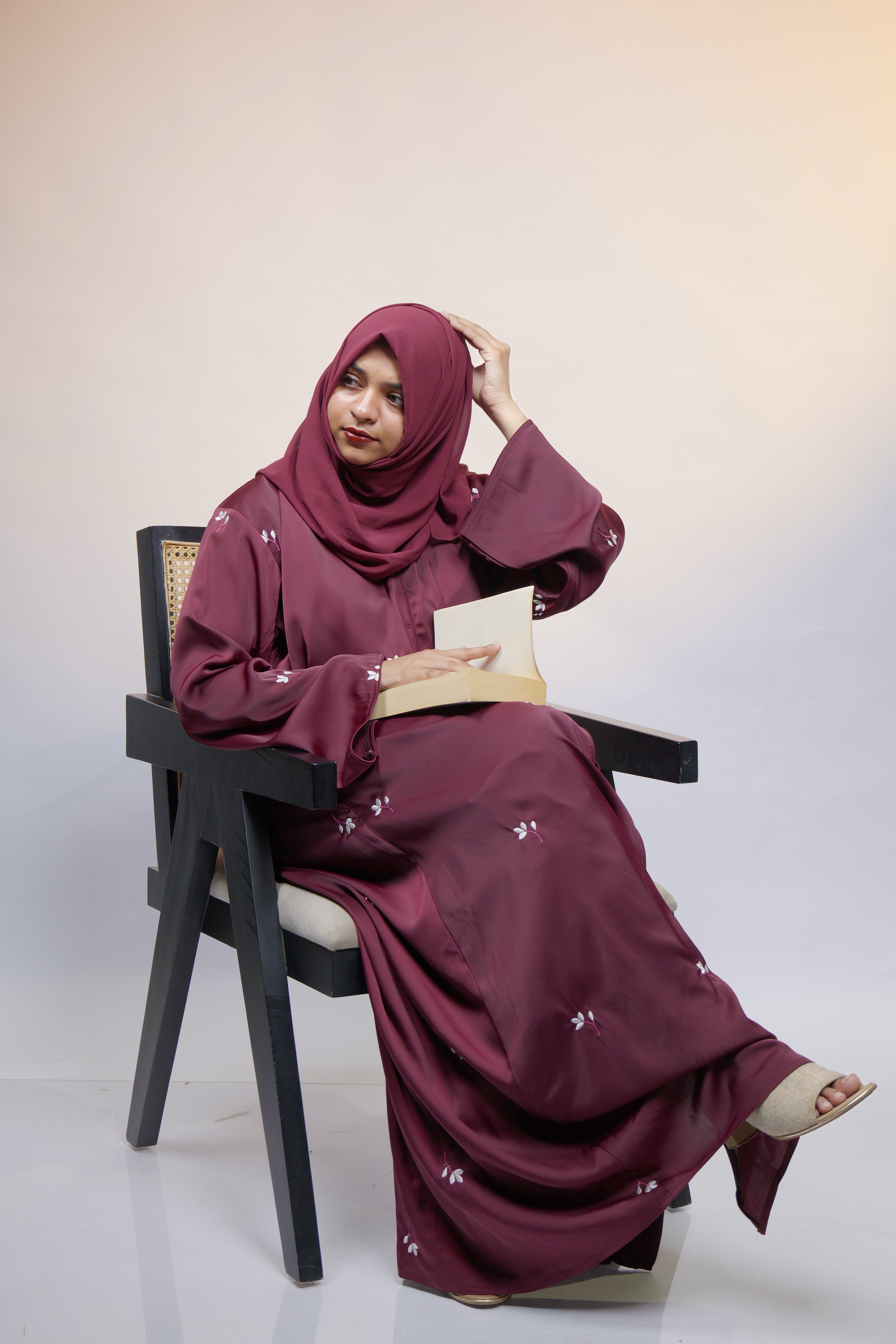 Ainaura | Premium Maroon Petal Embroidered Abaya