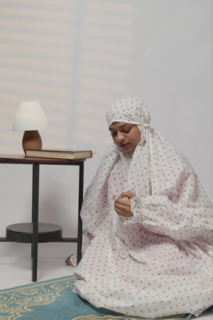 Ainaura | Premium Cotton white with Pink Floral Prayer Dress