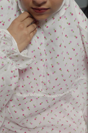 Ainaura | Premium Cotton white with Pink Floral Prayer Dress