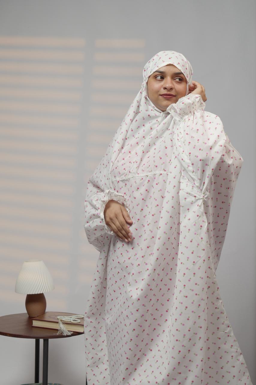 Ainaura | Premium Cotton white with Pink Floral Prayer Dress