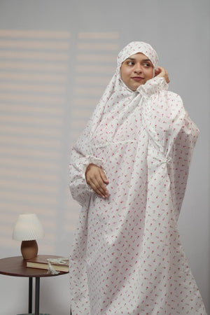 Ainaura | Premium Cotton white with Pink Floral Prayer Dress