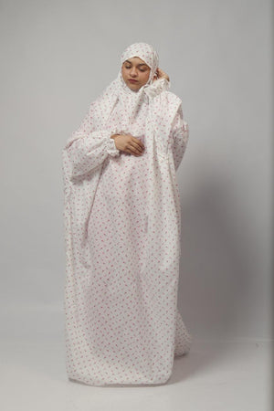 Ainaura | Premium Cotton white with Pink Floral Prayer Dress