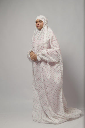 Ainaura | Premium Cotton white with Pink Floral Prayer Dress
