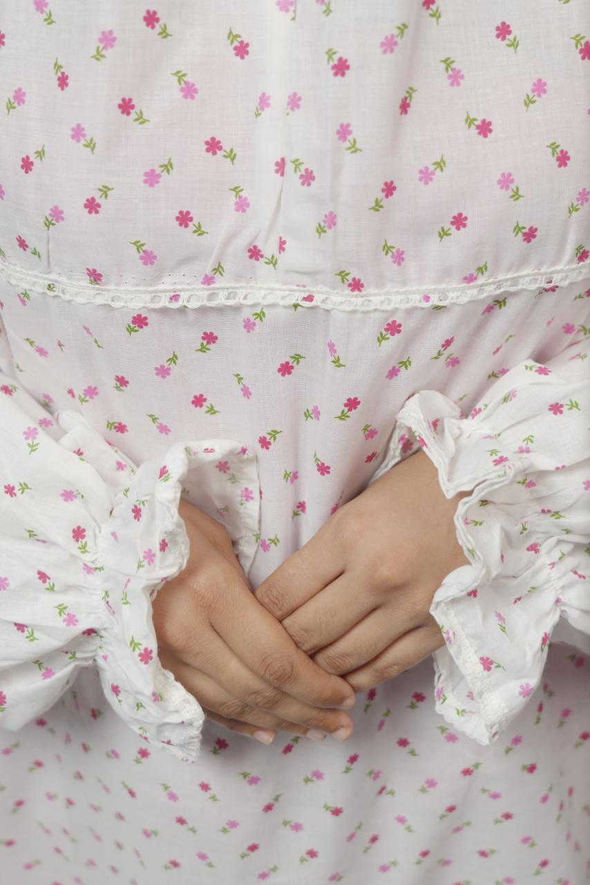 Ainaura | Premium Cotton white with Pink Floral Prayer Dress