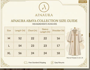 Ainaura abaya collection size chart with measurements in inches for M, L, and XL sizes