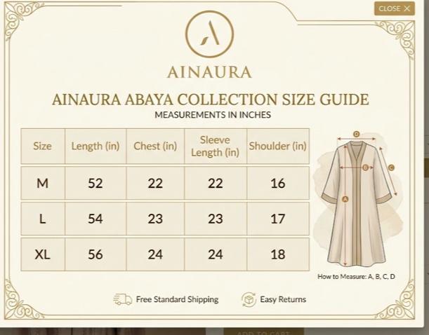 Ainaura abaya collection size chart with measurements in inches for M, L, and XL sizes