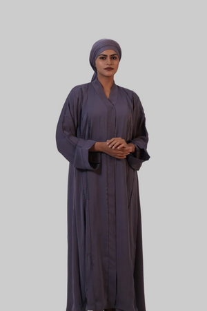 Premium charcoal grey abaya with V-neck front-open style and relaxed fit