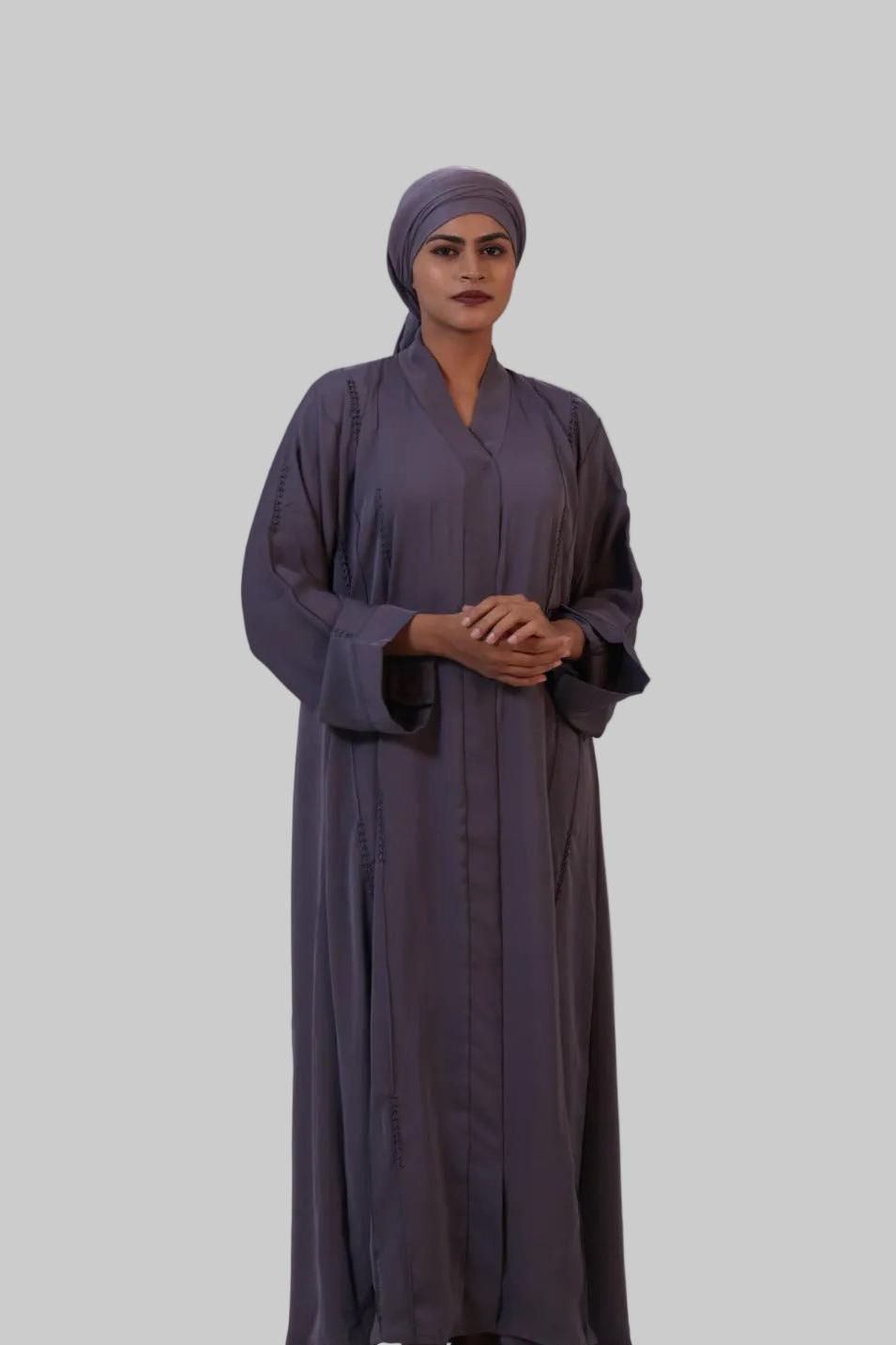 Premium charcoal grey abaya with V-neck front-open style and relaxed fit