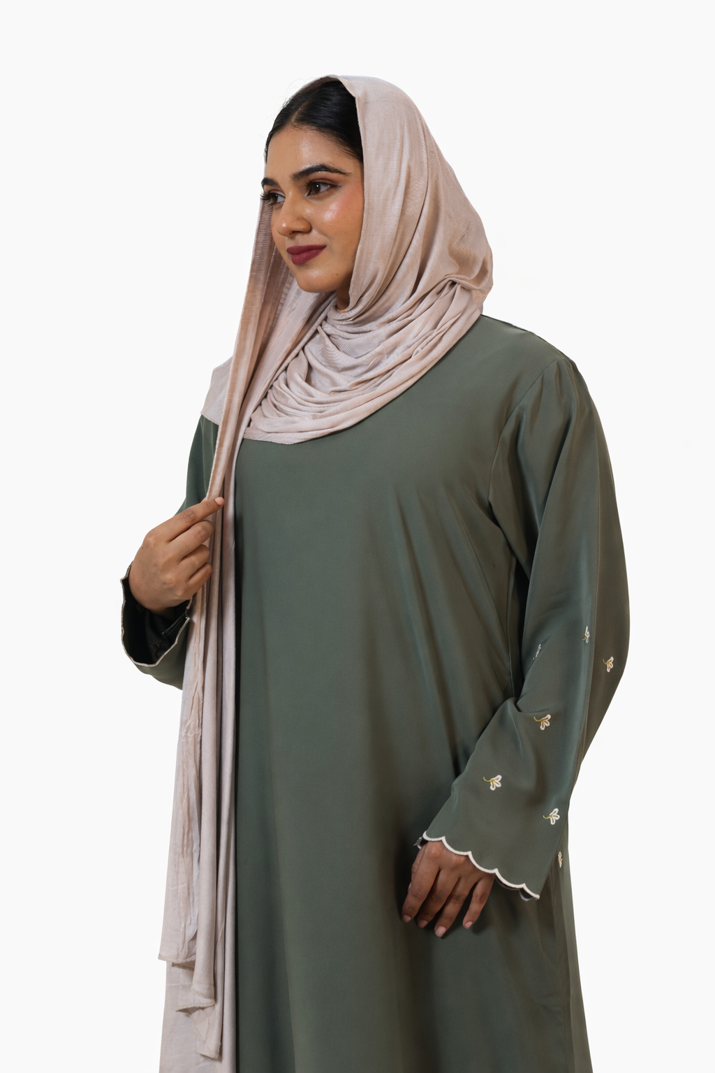 Full-length olive abaya with wide sleeves and feminine scalloped cuff finishing