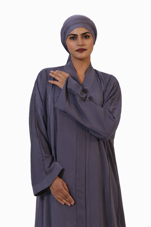 Front-open charcoal grey abaya with minimal stitch detailing and full-length fit