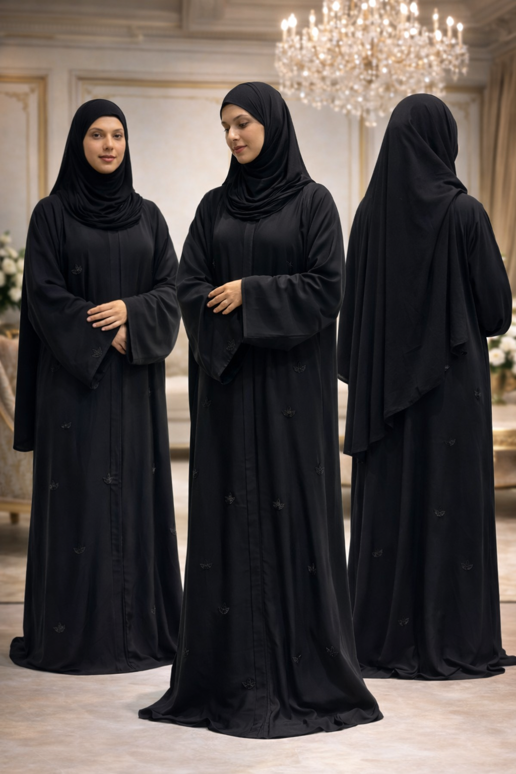 Elegant black abaya with hand-embellished bead leaf designs and modest full-length silhouette