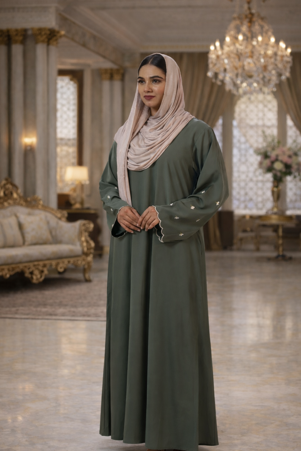 Minimal olive green abaya with delicate embroidery for everyday modest wear