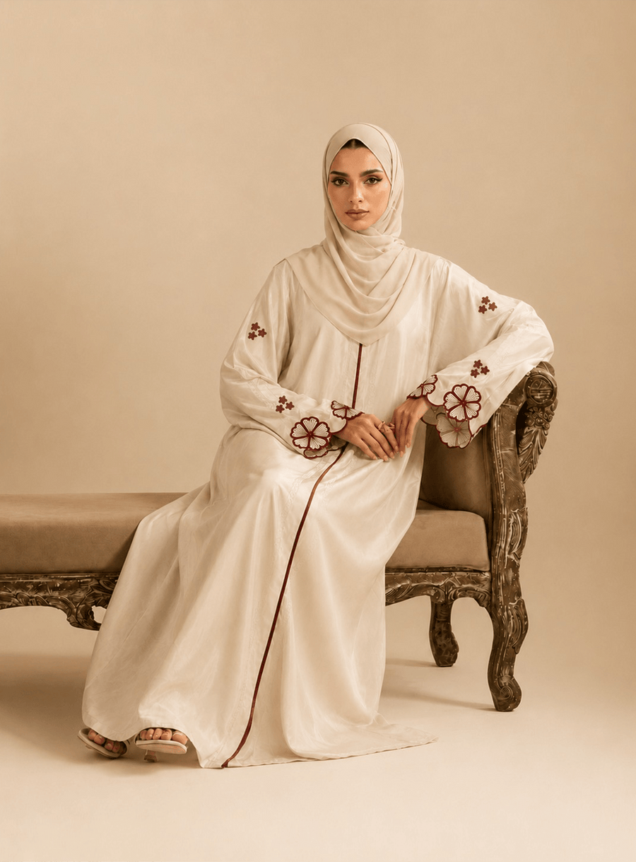 Ainaura | Ivory Maroon Floral Embroidered Abaya