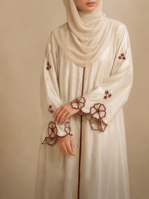Ainaura | Ivory Maroon Floral Embroidered Abaya - AinAura