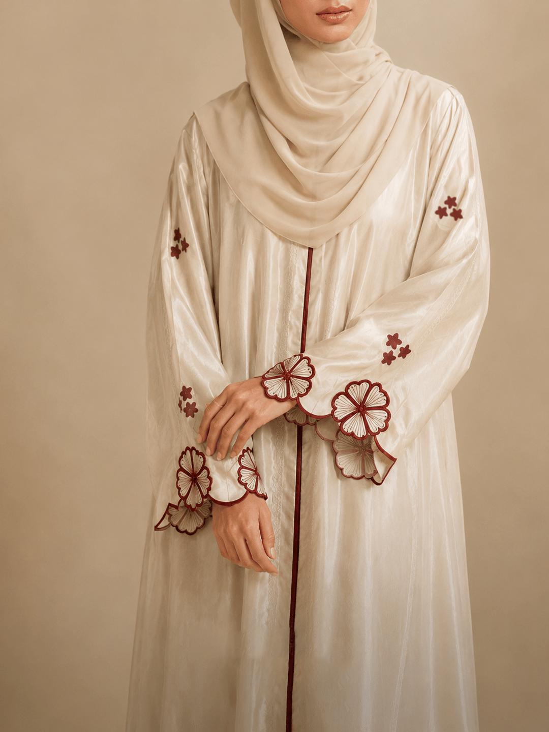 Ainaura | Ivory Maroon Floral Embroidered Abaya - AinAura