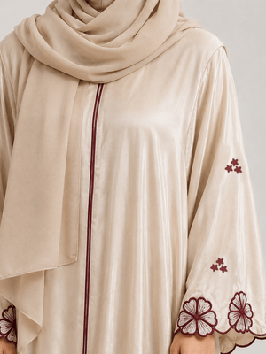 Ainaura | Ivory Maroon Floral Embroidered Abaya - AinAura