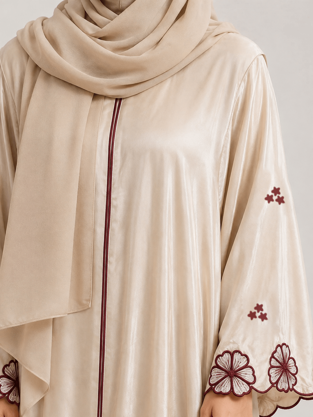 Ainaura | Ivory Maroon Floral Embroidered Abaya - AinAura