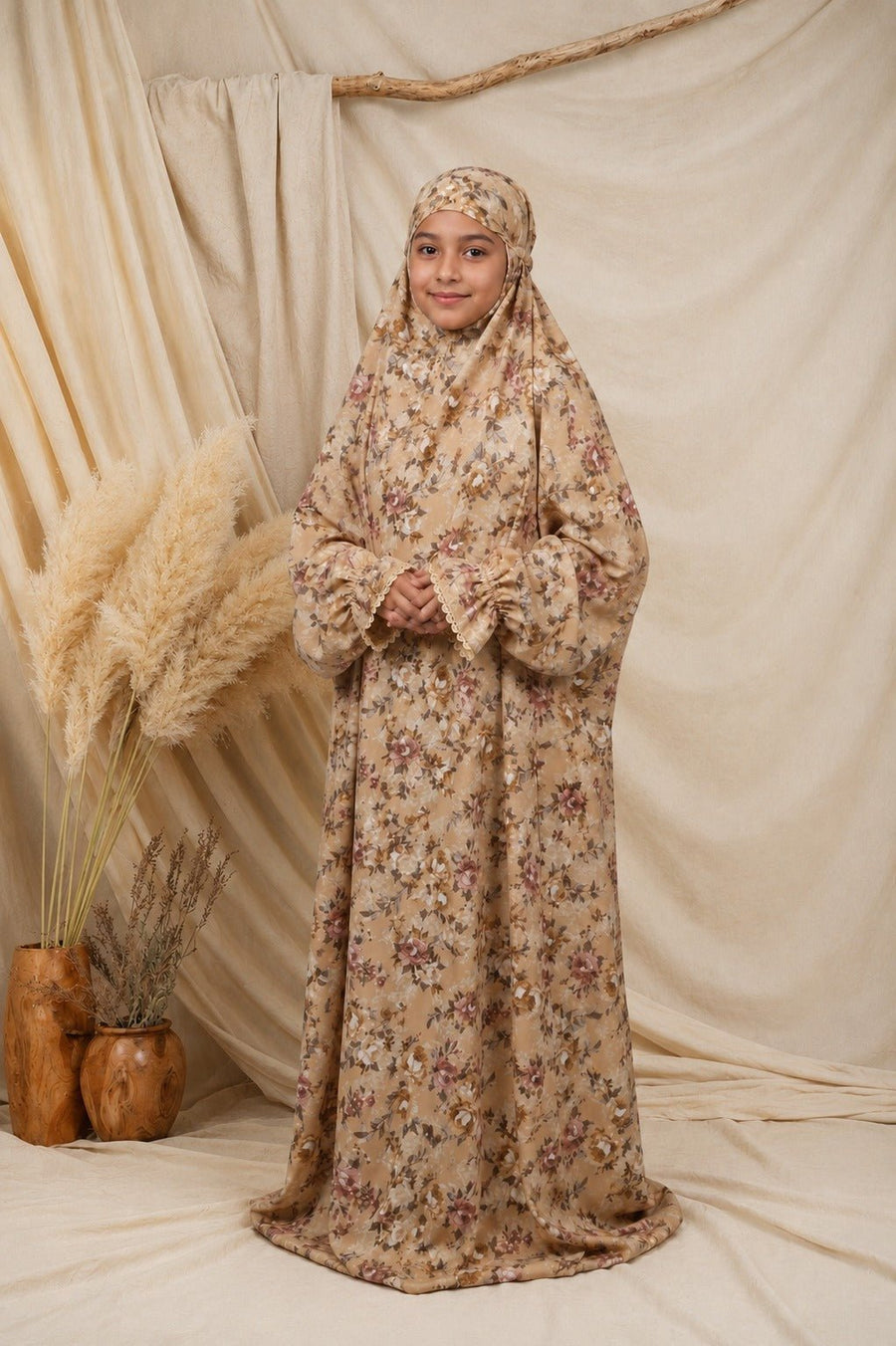 Ainaura | Kids Premium Crepe Beige Floral Prayer Dress - AinAura