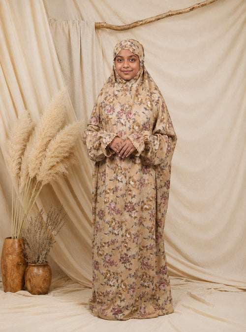 Ainaura | Kids Premium Crepe Beige Floral Prayer Dress - AinAura