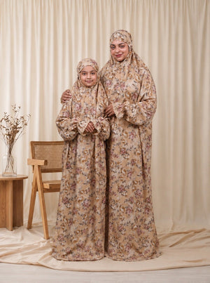 Ainaura | Kids Premium Crepe Beige Floral Prayer Dress - AinAura