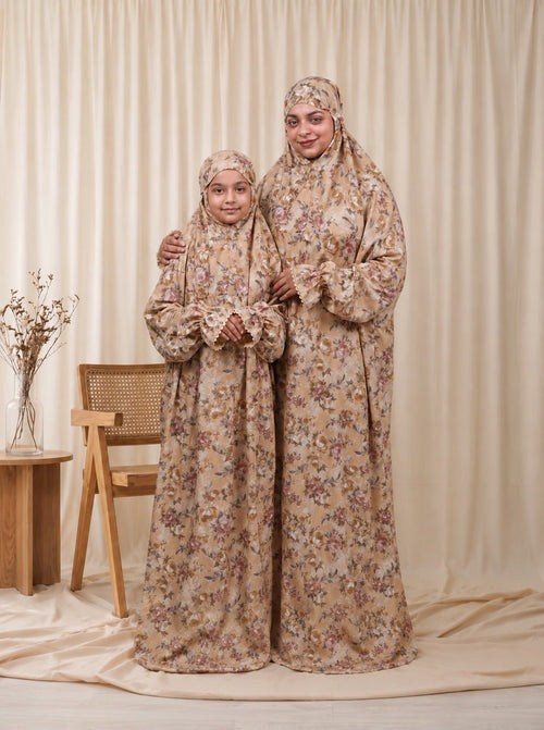 Ainaura | Kids Premium Crepe Beige Floral Prayer Dress - AinAura