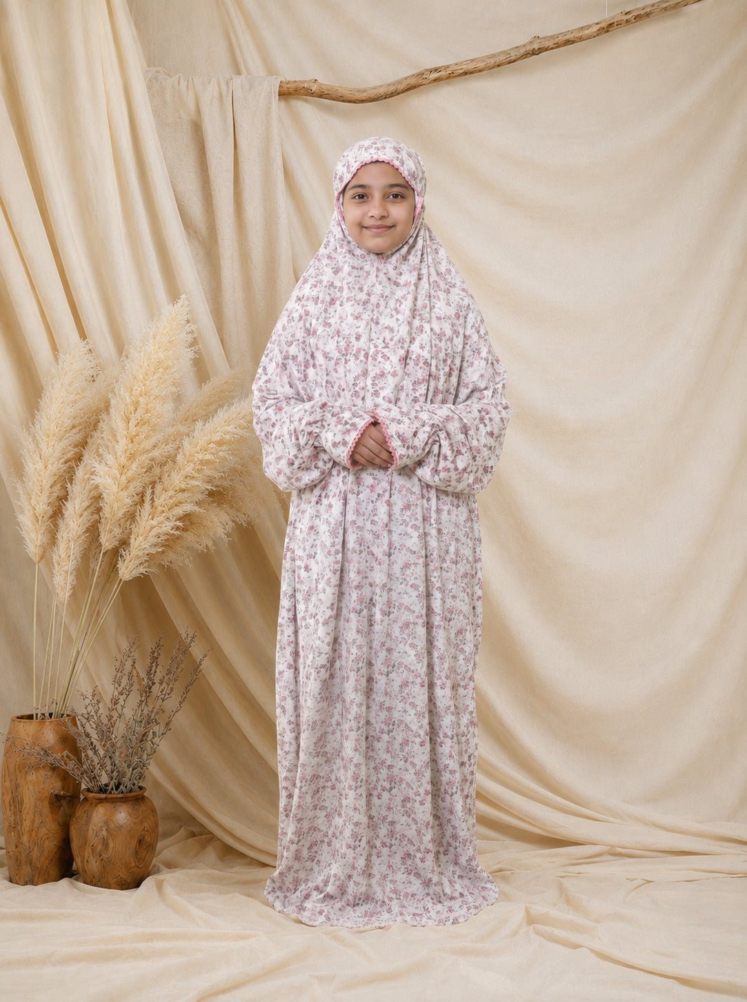 Ainaura | Kids Premium Crepe Pink Floral Prayer Dress - AinAura
