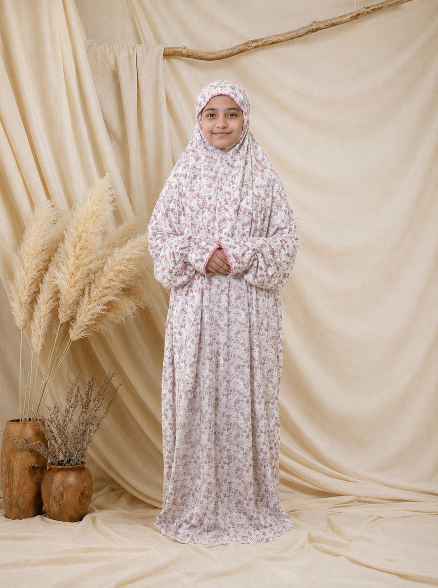 Ainaura | Kids Premium Crepe Pink Floral Prayer Dress - AinAura