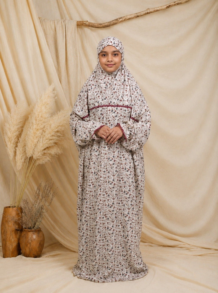 Ainaura | Kids Premium Crepe White with Grey & Maroon Floral Prayer Dress