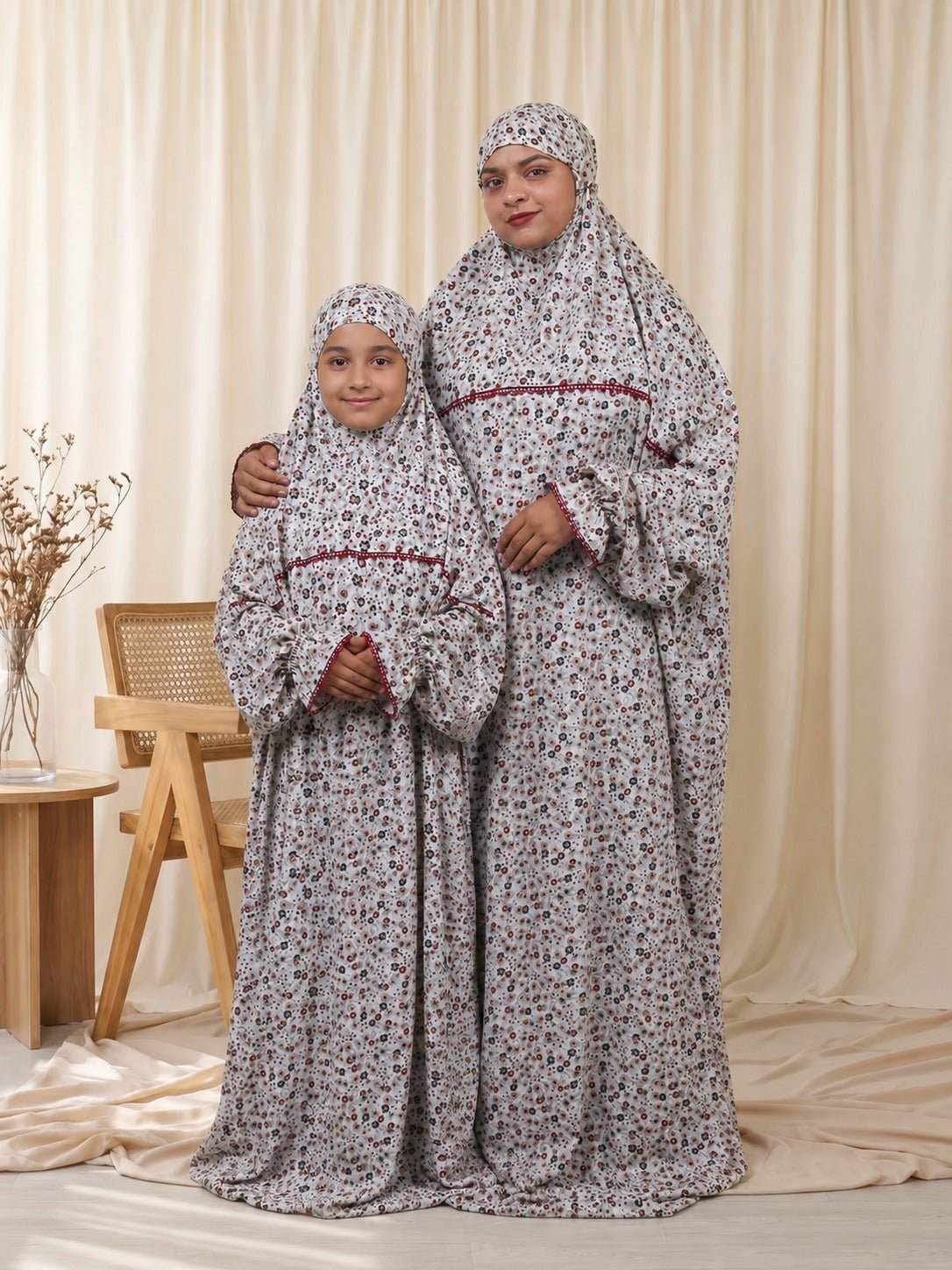 Ainaura | Kids Premium Crepe White with Grey & Maroon Floral Prayer Dress - AinAura
