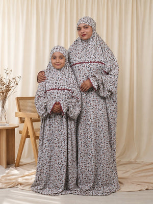 Ainaura | Kids Premium Crepe White with Grey & Maroon Floral Prayer Dress - AinAura