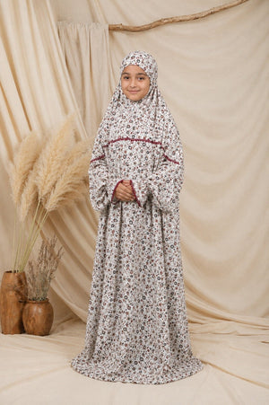 Ainaura | Kids Premium Crepe White with Grey & Maroon Floral Prayer Dress - AinAura