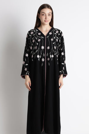 Ainaura | Midnight Flora Embroidered Dubai Abaya - AinAura