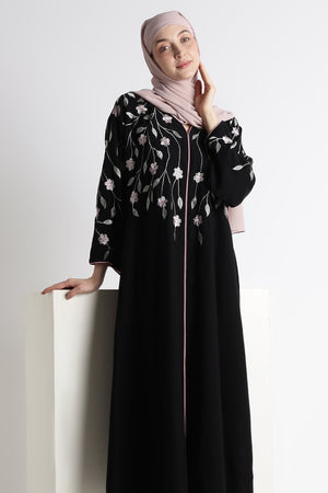 Ainaura | Midnight Flora Embroidered Dubai Abaya - AinAura