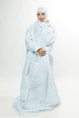 Ainaura | Premium Cotton White with Blue White Floral Prayer Dress. - AinAura