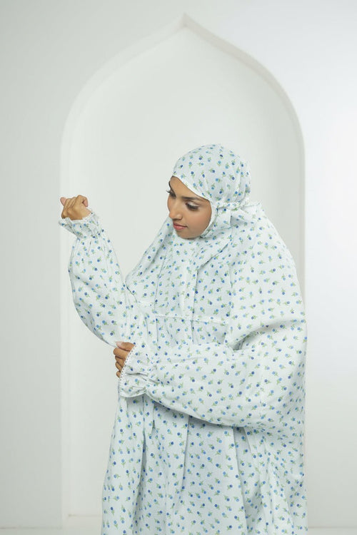 Ainaura | Premium Cotton White with Blue White Floral Prayer Dress. - AinAura