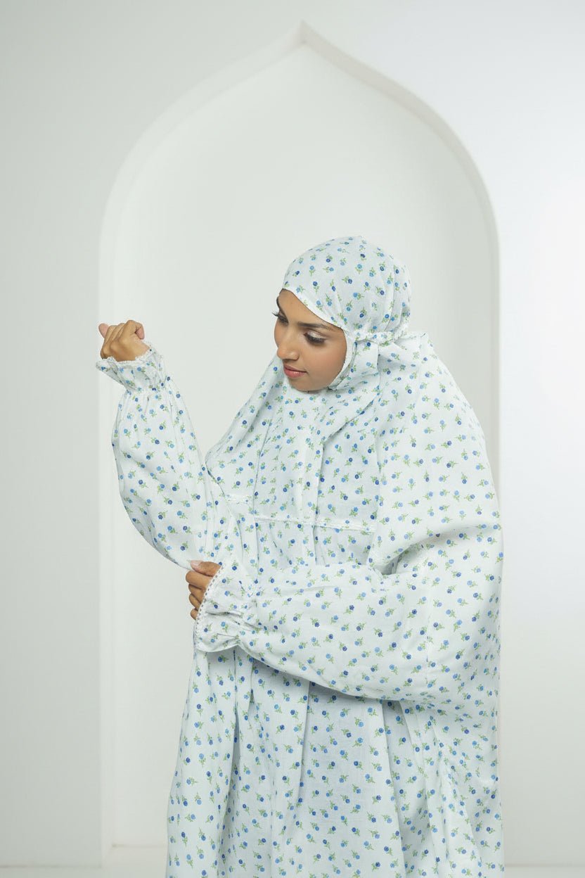 Ainaura |  Premium  Cotton White with Blue White Floral Prayer Dress.