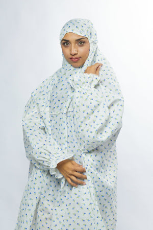 Ainaura | Premium Cotton White with Blue White Floral Prayer Dress. - AinAura