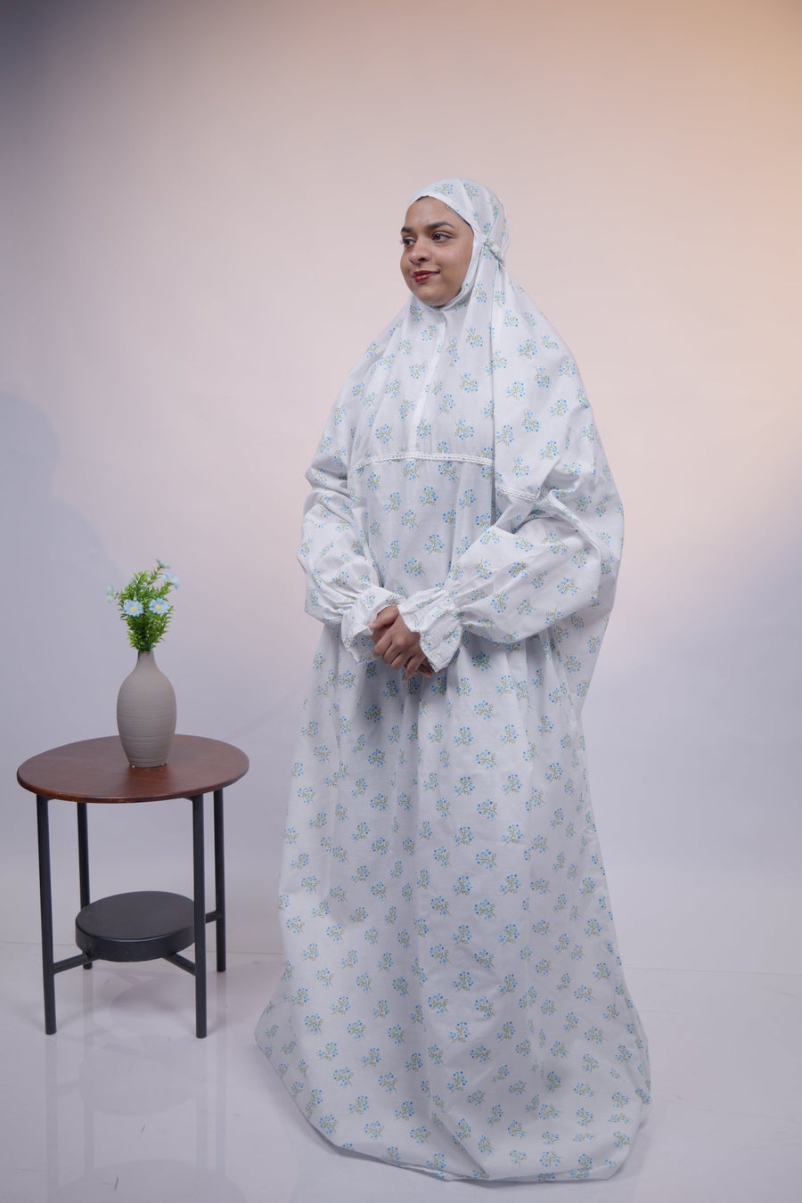 Ainaura | Premium Cotton White with Green Floral Prayer Dress