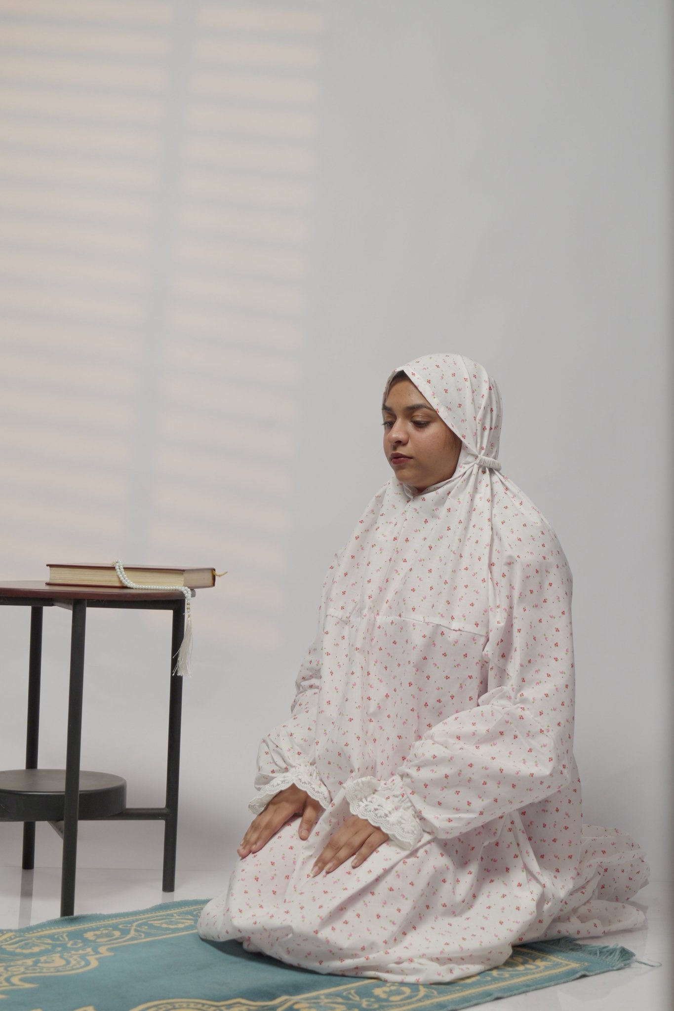 Ainaura | Premium Cotton White with pink Floral Prayer Dress - AinAura