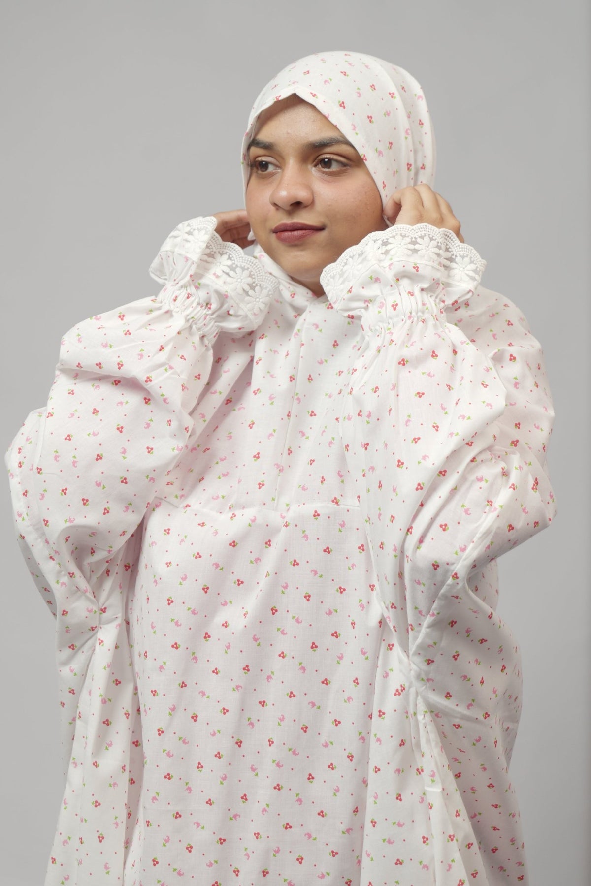 Ainaura | Premium Cotton White with pink Floral Prayer Dress - AinAura