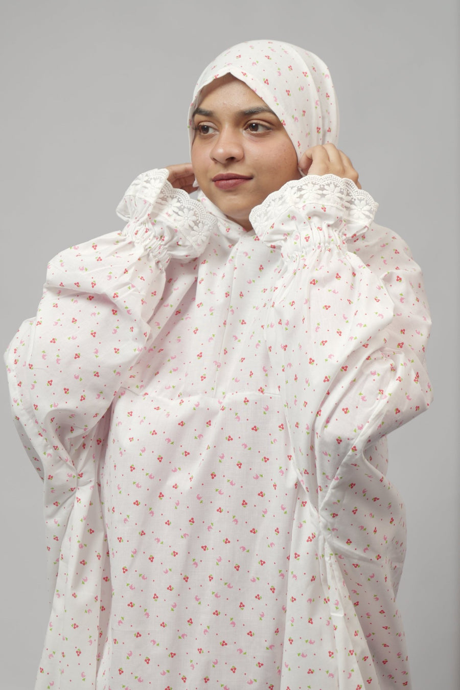 Ainaura | Premium Cotton White with pink  Floral   Prayer Dress