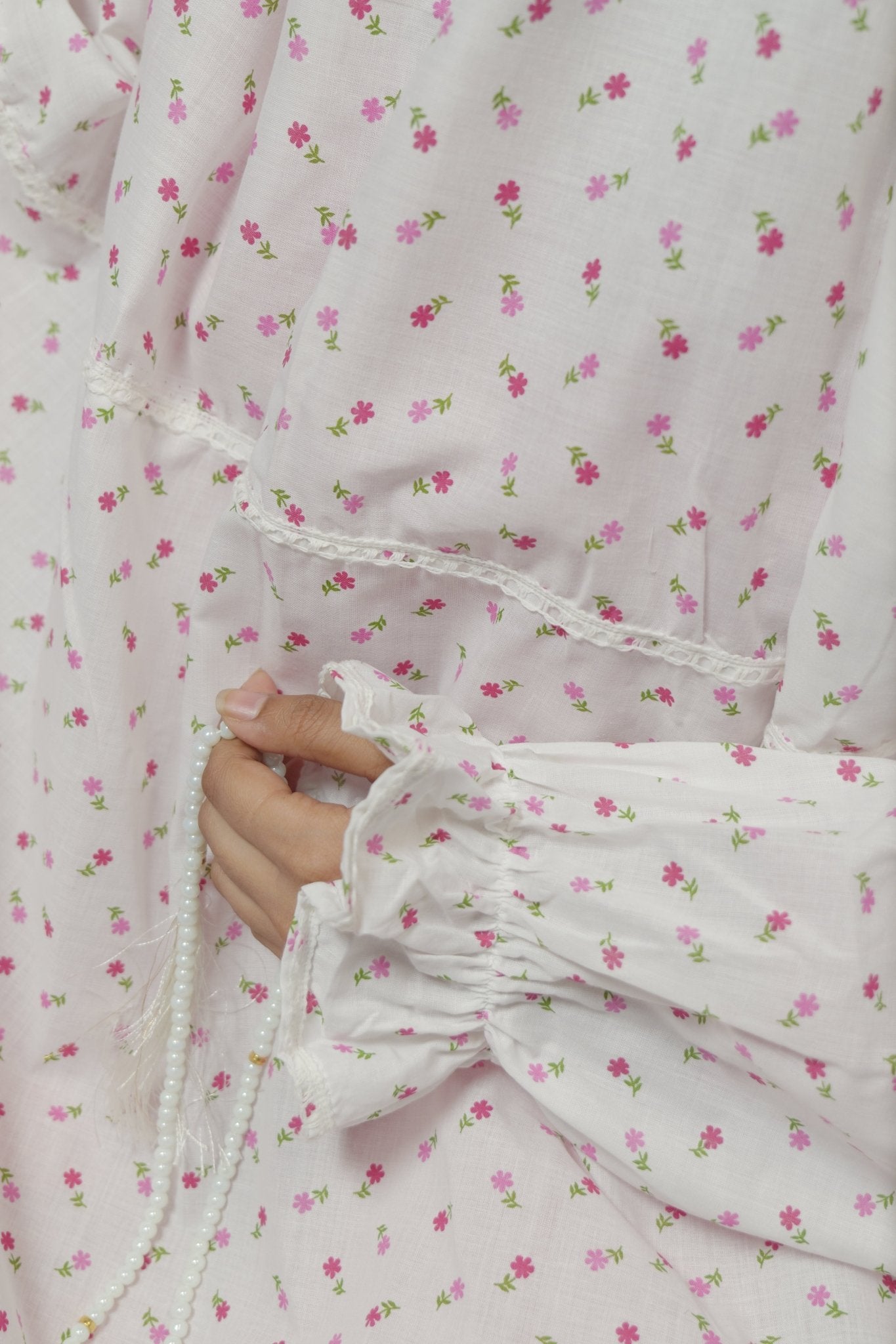 Ainaura | Premium Cotton White with Pink Floral Print Prayer Dress - AinAura