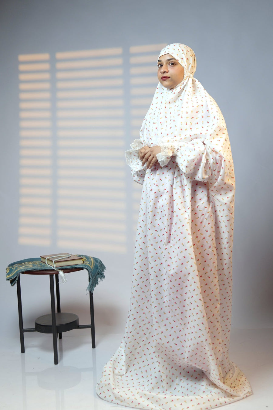 Ainaura |  Premium Cotton White with Pink & Peach Floral Prayer dress