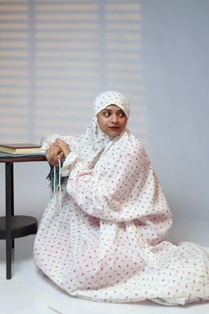 Ainaura | Premium Cotton White with Pink & Peach Floral Prayer dress - AinAura