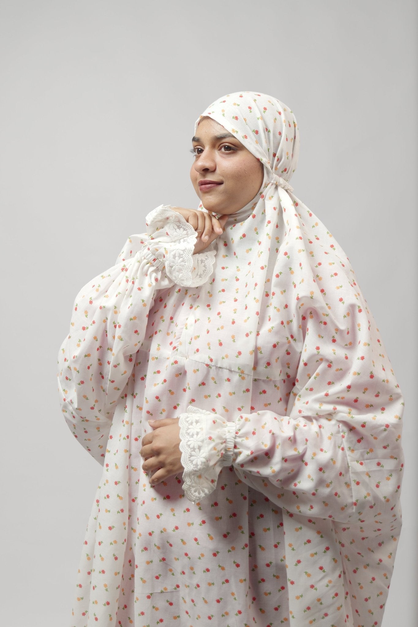 Ainaura | Premium Cotton White with Pink & Peach Floral Prayer dress - AinAura