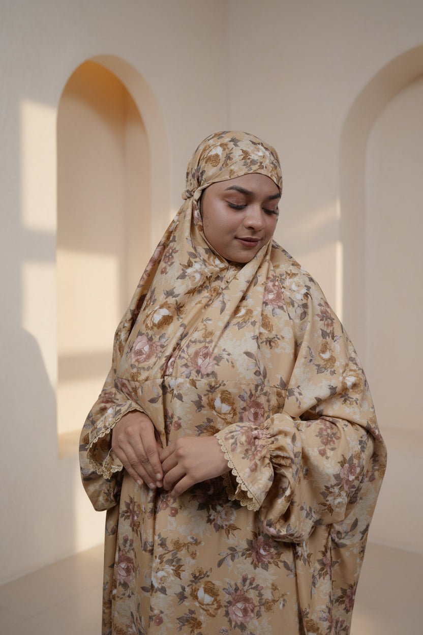 Ainaura | Premium Crepe Beige Floral Prayer Dress - AinAura