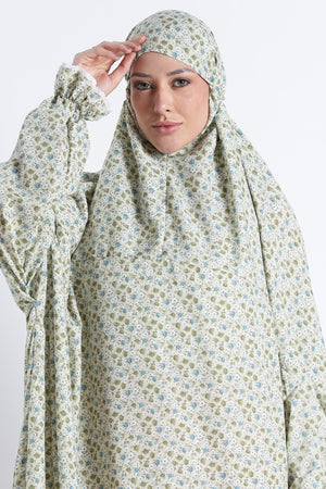 Ainaura | Premium Crepe Green Floral Prayer Dress - AinAura