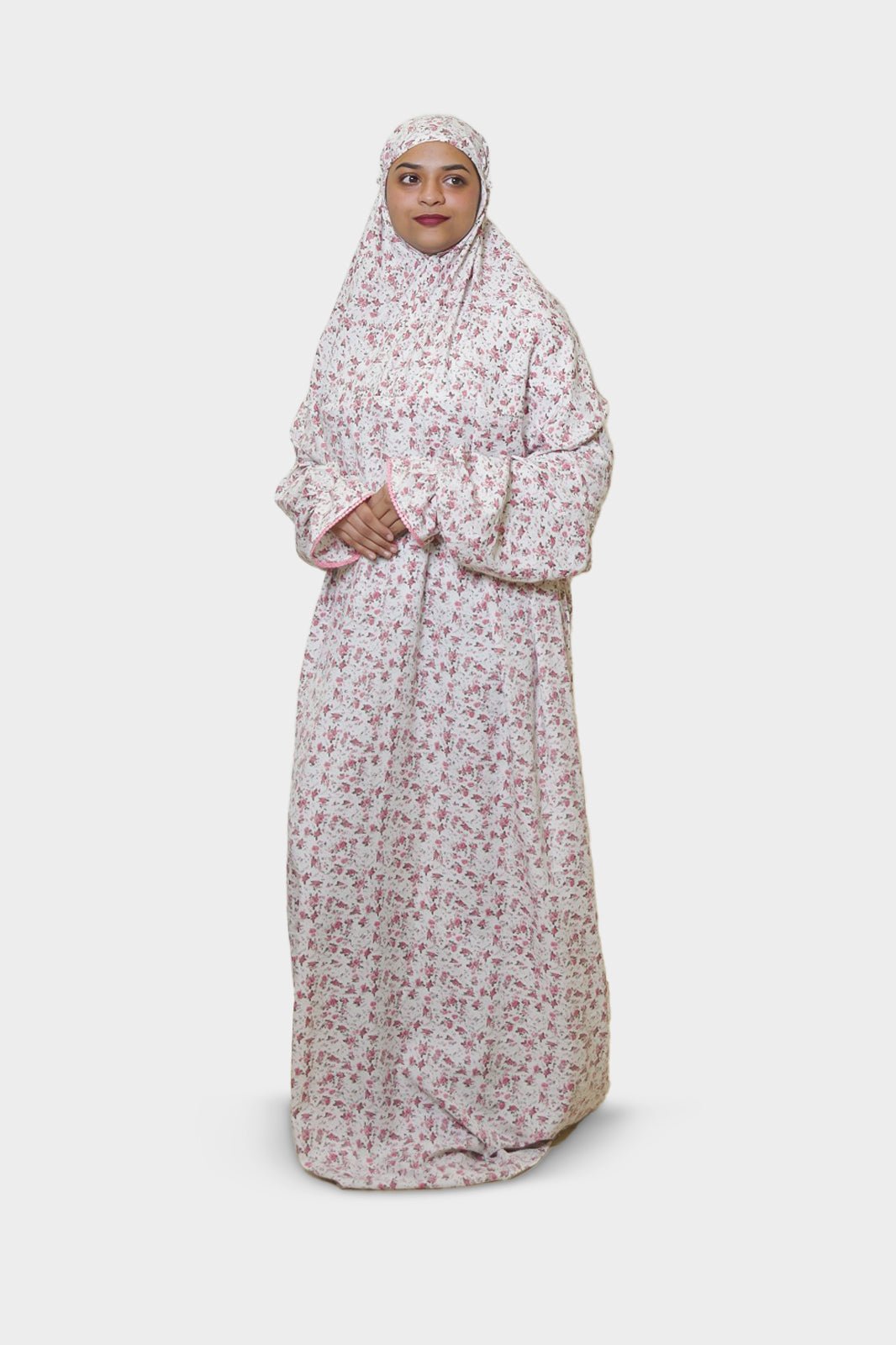 Ainaura | Premium Crepe Pink Floral Prayer Dress - AinAura