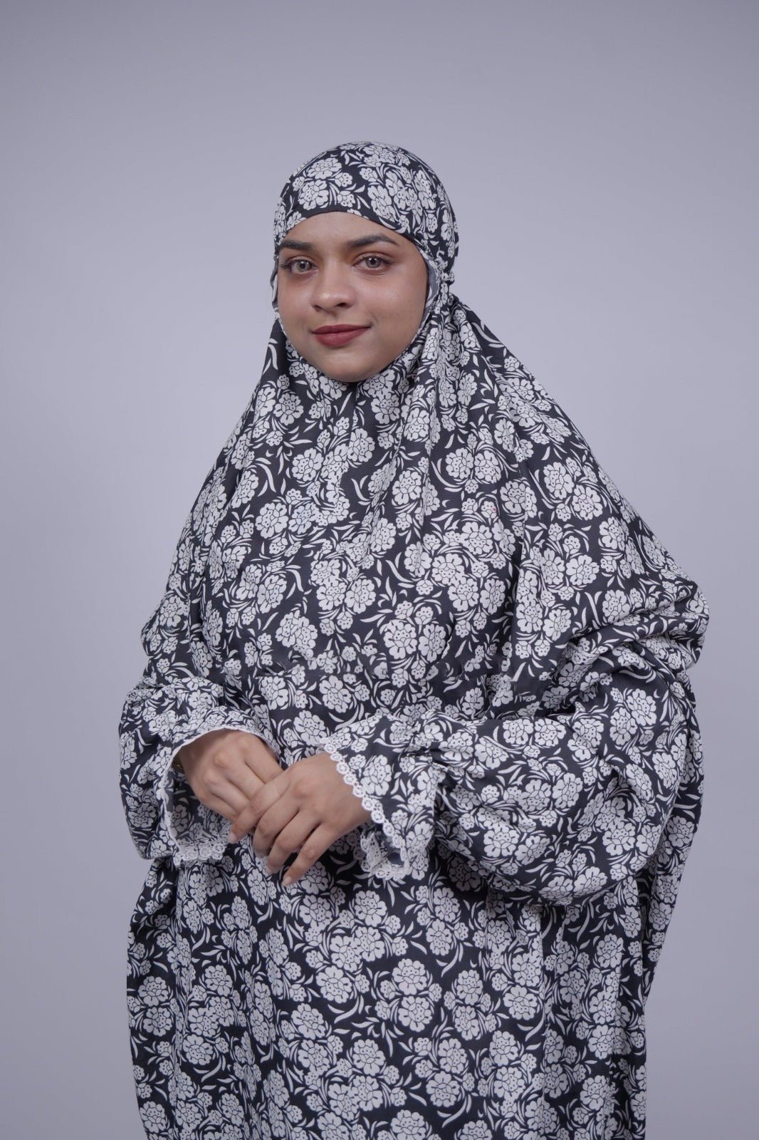Ainaura | Premium Crepe White with Black Floral Prayer Dress - AinAura